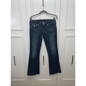 True Religion Women's Flare Jeans Size 27 Blue‎ Low Rise Thick Stitching